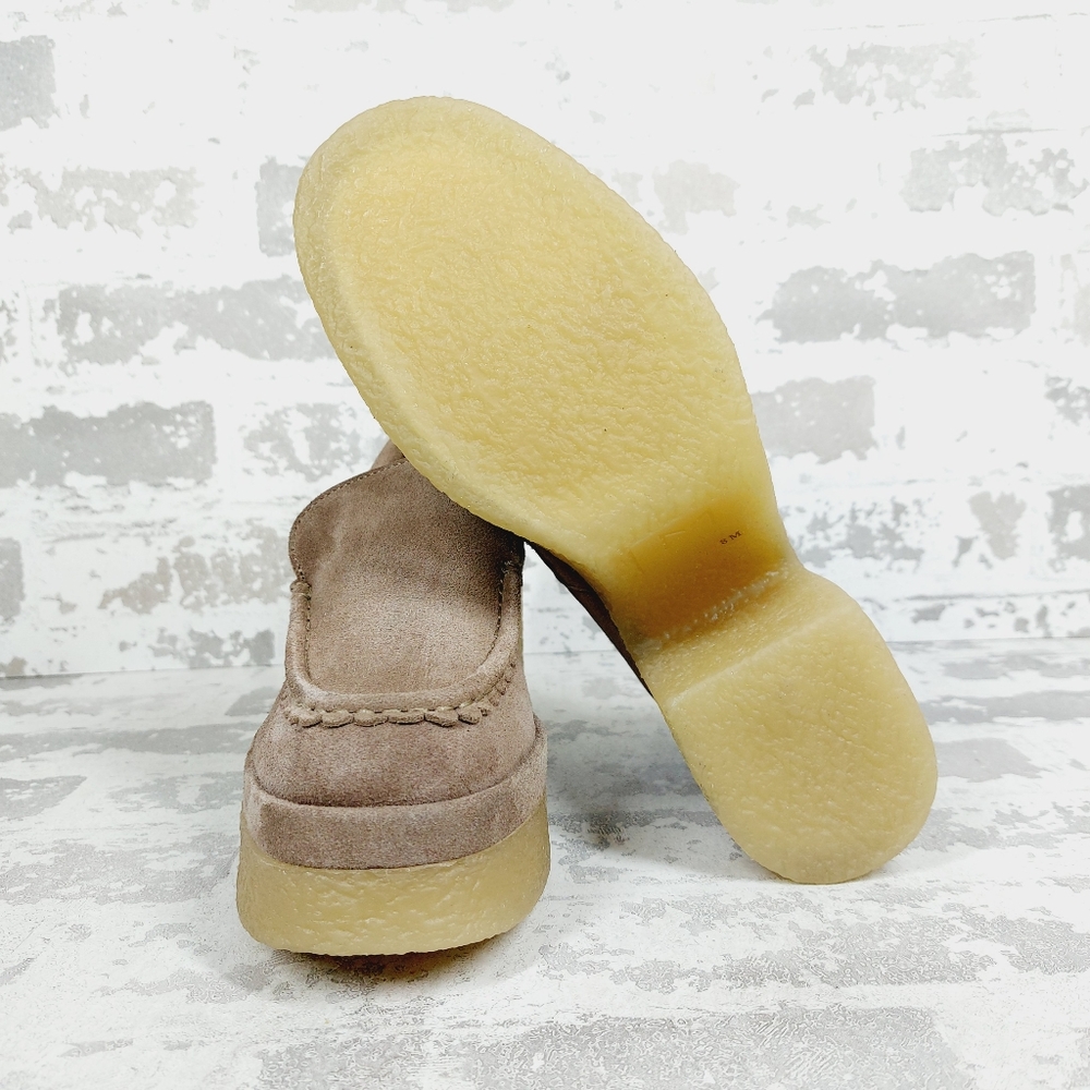 Marc Fisher Taupe Suede Platform Loafers with Yellow Crepe Sole - Picture 8 of 11